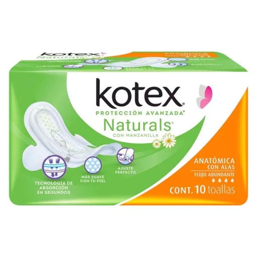 Imagen de Toalla Femenina Kotex Naturals Anatomica Manzanilla Flujo Abundante C/A 10 PZS