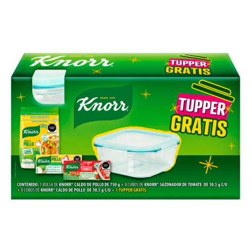 Imagen de Exhibidor Caldo de Pollo Knorr 750 g +8 Cubos Tomate +8 Cubos Pollo + Tupper 4 PZS