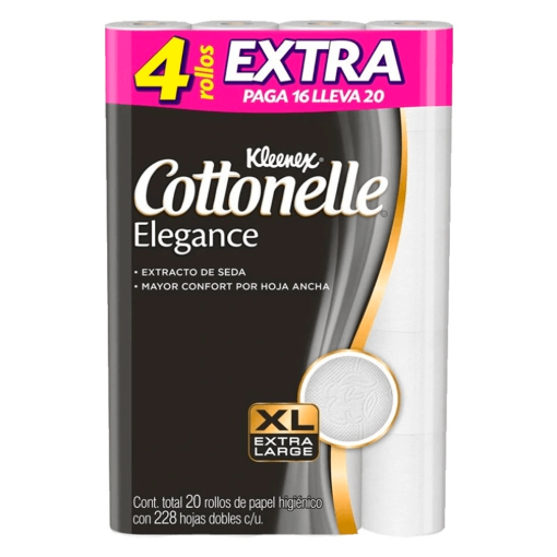 Imagen de Higiénico Kleenex Cotton Elegance 228 Hojas Dobles +4 Rollos 16 PZS