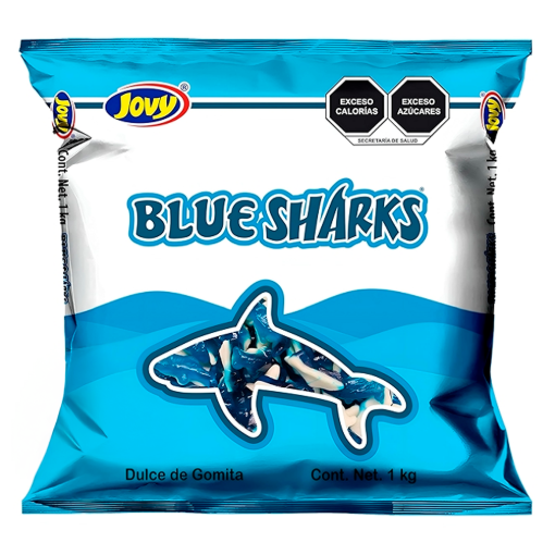 Imagen de Exhibidor Dulce Gomitas Jovy Sharks Blue Bolsa 1 KGS