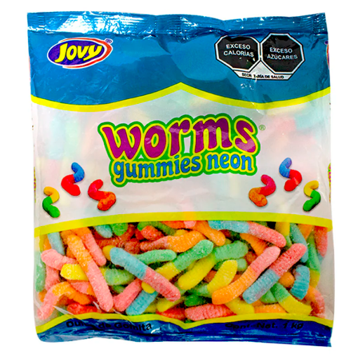 Imagen de Exhibidor Dulce Gomitas Jovy Worms Surtido Neón Bolsa 1 KGS